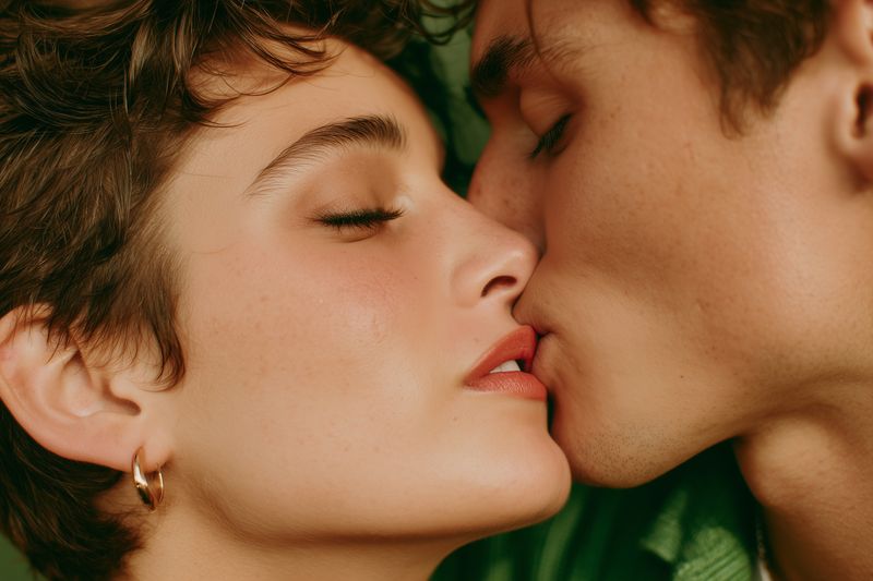 Closeup portrait of a young couple sharing a tender kiss, capturing intimate emotion and soft sensuality with natural skin tones, subtle lighting and elegant composition.