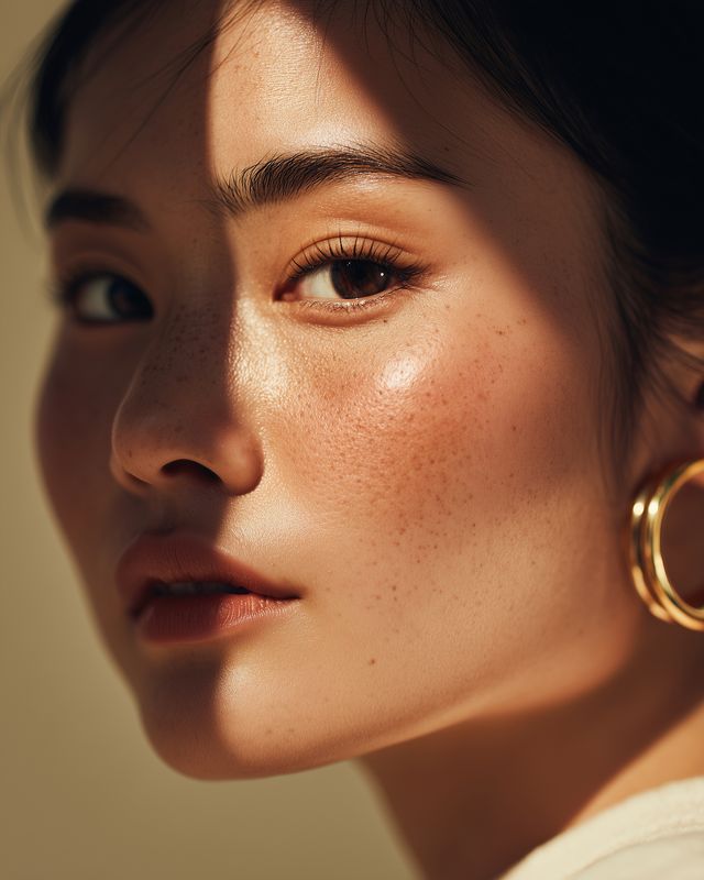 Close-up portrait of a young woman with glowing natural skin, soft freckles and subtle makeup, bathed in warm directional light that sculpts dramatic shadows and highlights.
