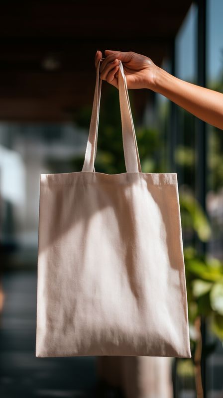 Shiny metallic tote bag held by a hand in a vertical frame, reusable fabric shopper illuminated by natural sunlight, modern interior background softly blurred for lifestyle mood.