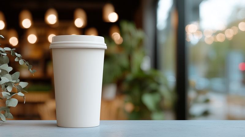 Paper disposable coffee cup with plastic lid sits on a countertop inside a cozy cafe, warm bokeh lights and blurred plants in the background create an inviting morning atmosphere.