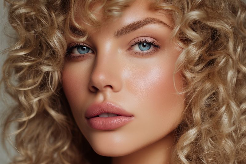 Close-up beauty portrait of a woman with curly blonde hair, striking blue eyes and dewy skin, showcasing natural makeup, glossy lips and sculpted features in soft studio lighting.