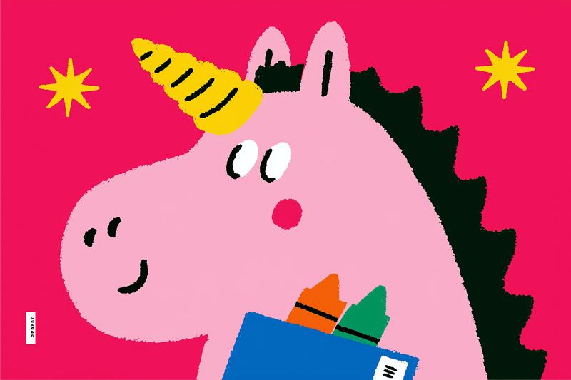 Bright whimsical illustration of a pink unicorn holding a box of crayons against a vibrant magenta background with decorative stars, playful texture and bold shapes.