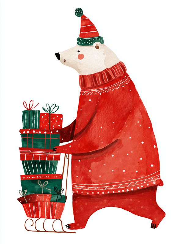 Watercolor illustration of a polar bear in a red sweater and hat pulling a sled piled high with wrapped gifts. Cozy festive holiday scene with whimsical charm and snowy atmosphere.