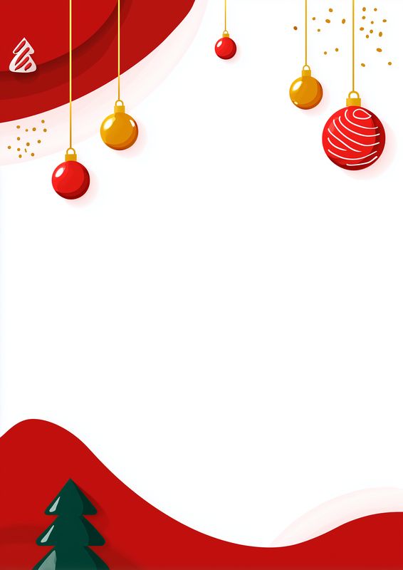 Minimal vertical holiday background with red and gold hanging ornaments, wavy red borders and small pine tree silhouette. Clean white space for festive greeting or seasonal message.