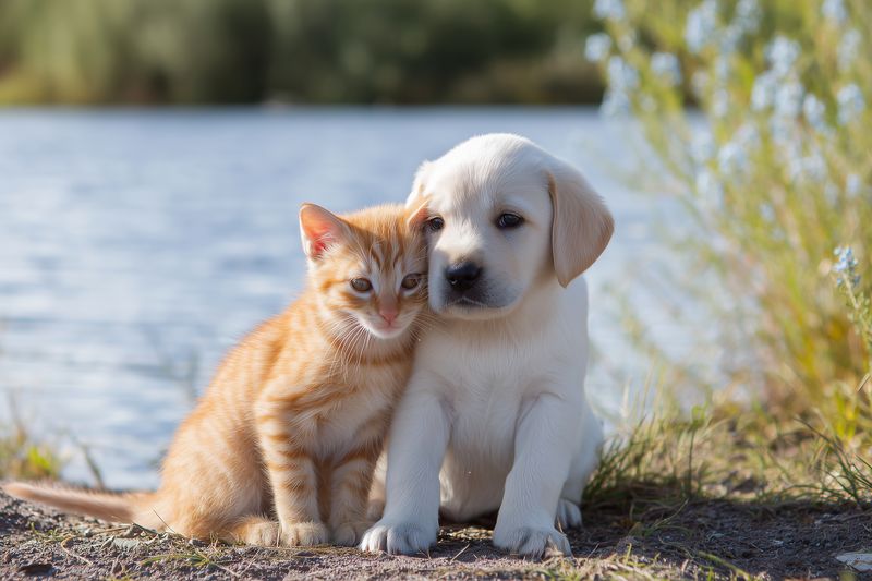 Adorable ginger kitten and yellow Labrador puppy cuddle by a lakeside, sitting on grassy shore in warm natural light, a tender portrait capturing playful innocence, trust and companionship.