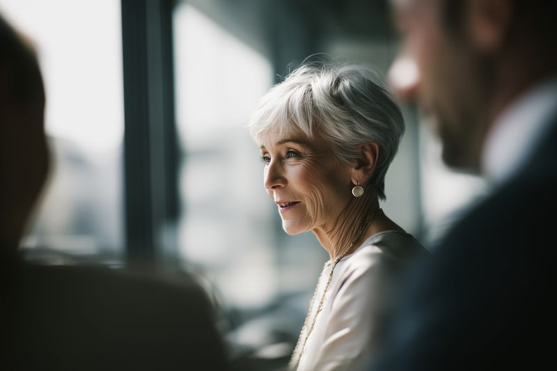 Portrait of a confident mature businesswoman in a meeting, listening attentively with a thoughtful expression, natural light highlighting her professional demeanor and years of experience.