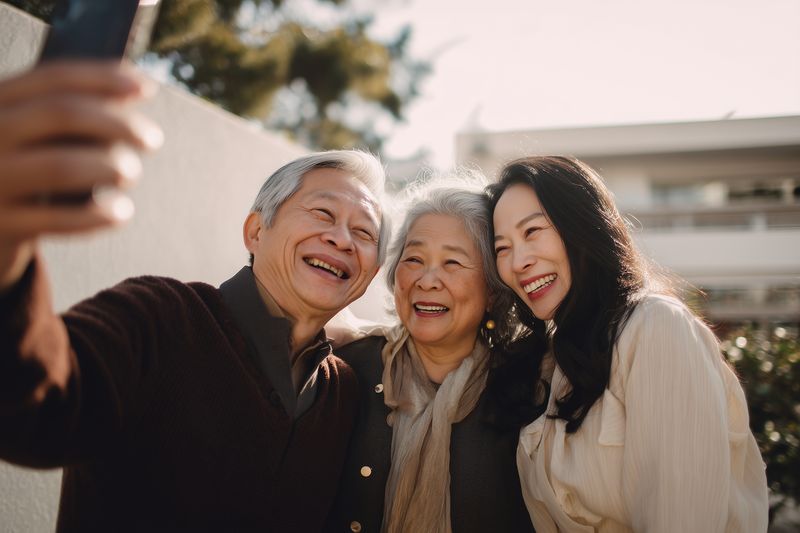 Three smiling family members taking a joyful outdoor selfie together, sharing warm moments and laughter in bright natural light, celebrating connection and togetherness.