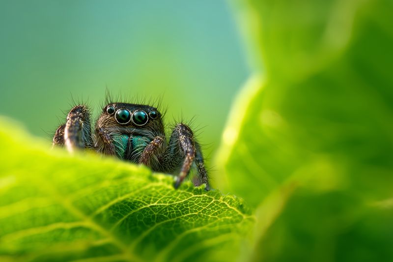 Close-up of a small jumping spider peeking over a bright green leaf, vivid macro details showing glossy reflective eyes, fuzzy body hairs and delicate leaf veins in soft natural light.