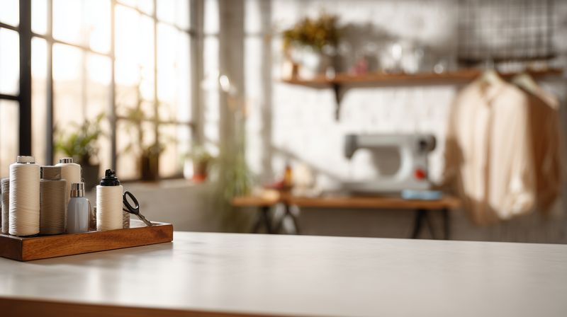 Bright cozy sewing studio with spools of thread and scissors on a wooden tray in the foreground, a blurred sewing machine and garments bathed in warm natural window light.