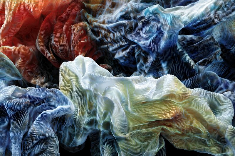 Abstract flowing fabric texture in vibrant colors, digital mesh draped like silky waves, creating dynamic depth with organic folds, fine grain and intricate light play across the surface.
