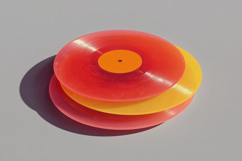 Studio photo of stacked translucent circular discs in warm red, orange and yellow hues on a neutral surface, creating soft shadows and glossy reflections with minimalist composition.