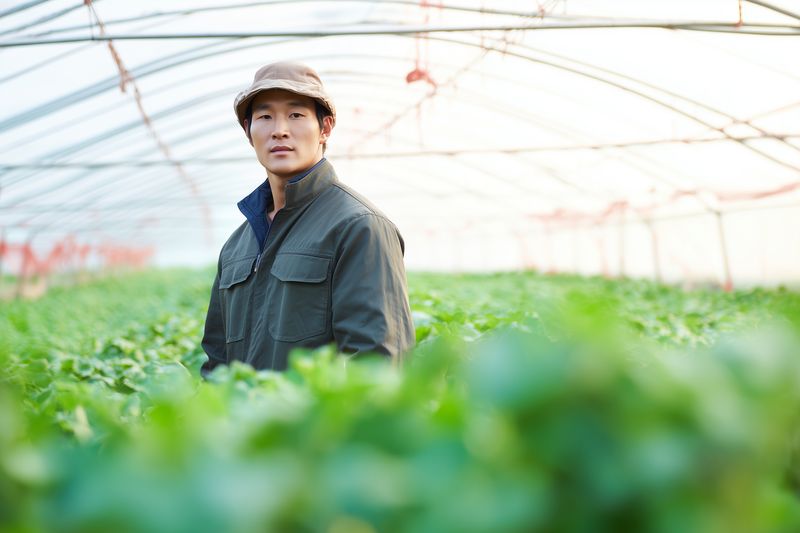 A young male farmer stands in a lush greenhouse among rows of leafy green crops, wearing a hat and jacket while inspecting plants in a modern controlled cultivation environment.