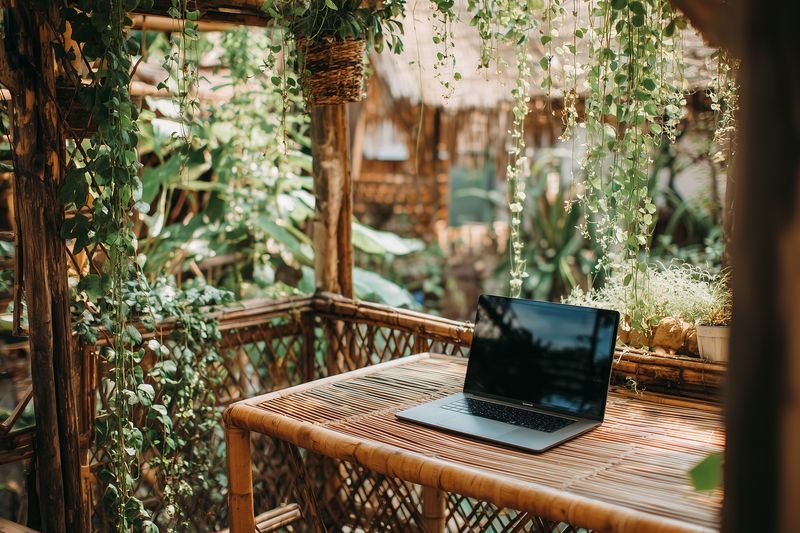 Laptop on a wicker table in a lush outdoor bohemian workspace surrounded by hanging plants and natural wooden structures, evoking remote work, creativity and relaxed productivity.