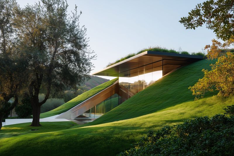 Contemporary eco house built into a grassy hillside with panoramic glass facade, green roof, and minimalist design blending architecture into landscape under soft natural light.