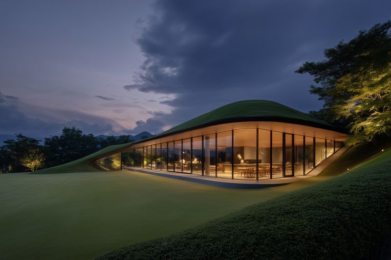 Contemporary glass building with a curved green roof nestled into a grassy hillside, warmly illuminated at dusk. Modern sustainable architecture blending interior light and natural landscape.