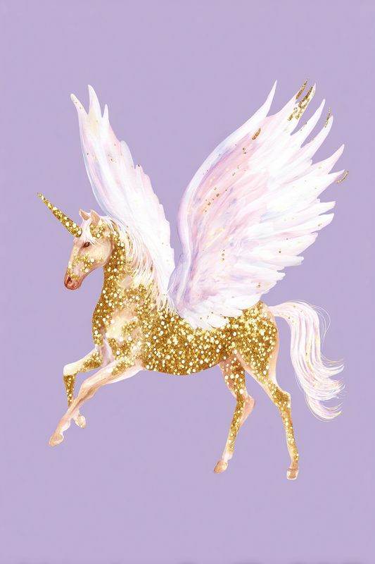 Elegant golden glitter unicorn with large pastel wings on a soft lavender background, whimsical fantasy creature illustration suitable for children's decor, stationery and magical themed projects.