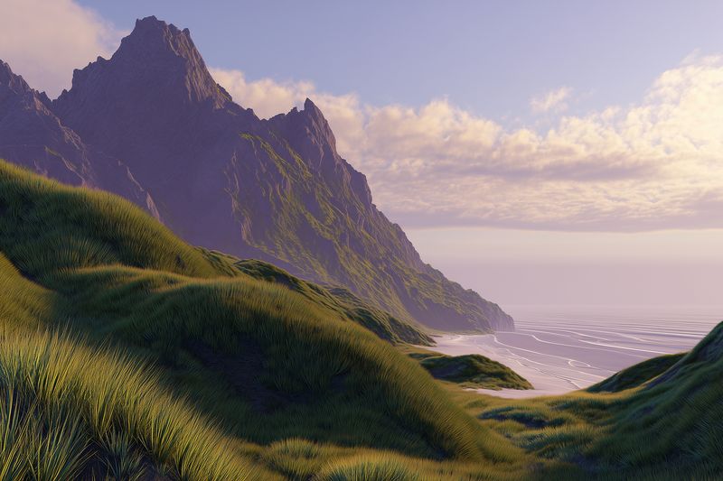 Sunlit coastal landscape with rugged mountain peaks and rolling grassy dunes leading to a calm sea beneath a pastel sky, creating a peaceful, expansive natural scene.