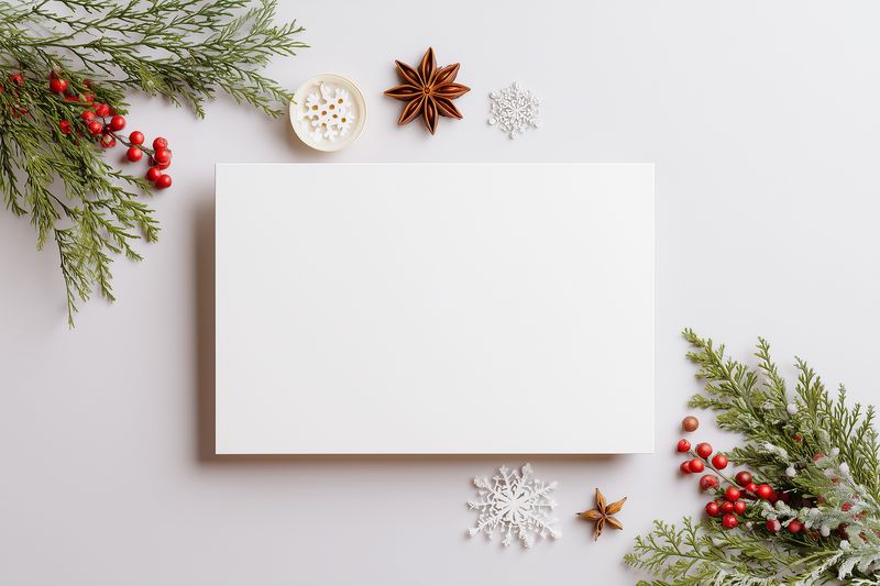 Blank white card on a light background surrounded by frosted evergreen sprigs, red berries, star anise and decorative snowflakes, creating a cozy festive winter greeting scene.