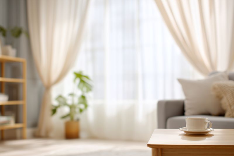 Cozy minimalist living room interior with soft natural light pouring through sheer curtains, a steaming cup on a wooden table, plush sofa and indoor plant for serene atmosphere.
