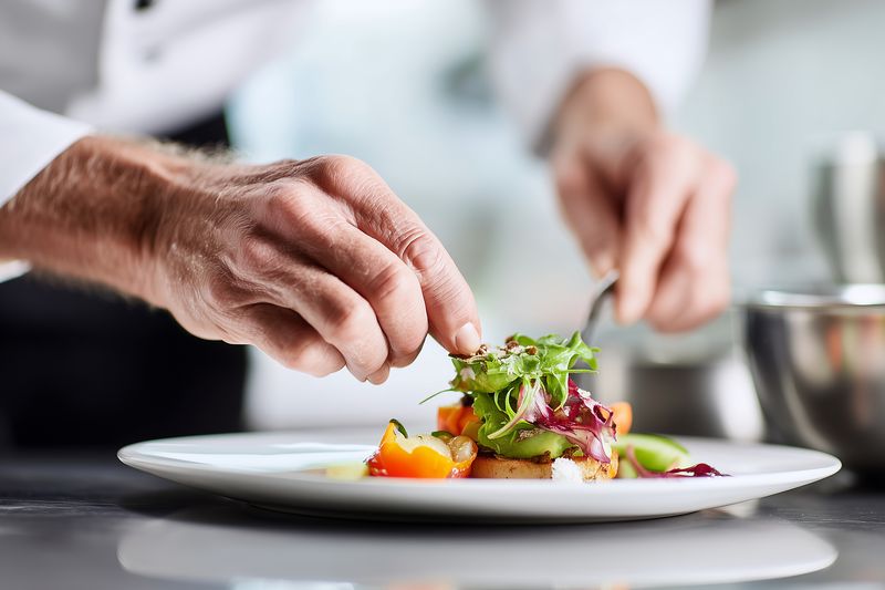Professional chef carefully garnishing a plated gourmet dish with microgreens and colorful vegetables in a modern kitchen, showcasing precision, creativity and fine dining presentation.