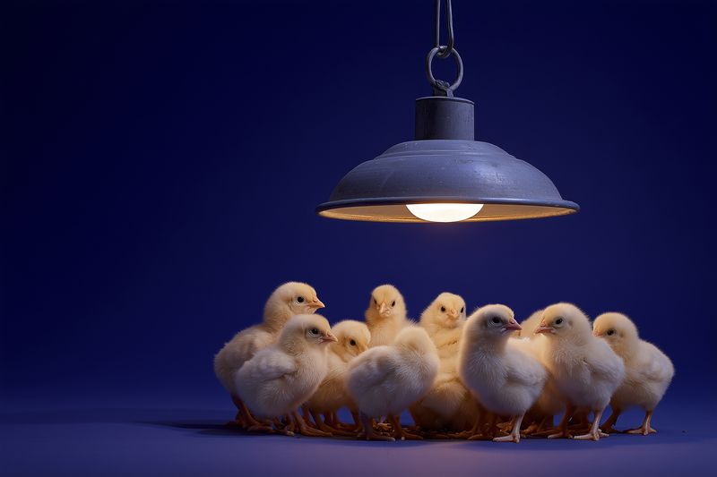 A cluster of fluffy yellow chicks huddled closely under a warm hanging lamp on a deep blue background, bathed in soft golden light that highlights their delicate down and tiny features.