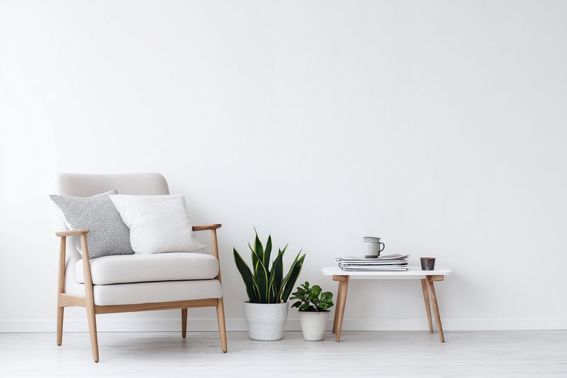 Cozy minimalist living room corner with a modern upholstered armchair, wooden legs, decorative cushions, small side table, houseplants and neutral white wall creating serene bright interior.