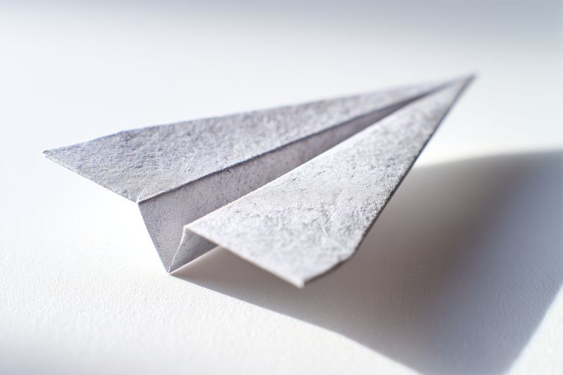 Close-up of a white paper airplane casting a soft shadow on a clean surface, minimal composition highlighting texture, light and shadow for concepts of travel and creativity.