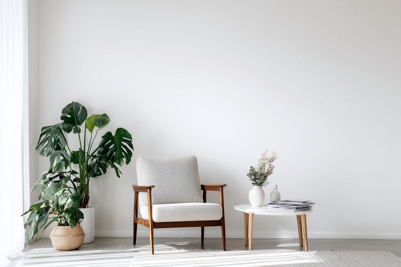 Minimalist living room interior with a cozy armchair, large potted plant and a small coffee table with vase and magazines, bright natural light and neutral decor.