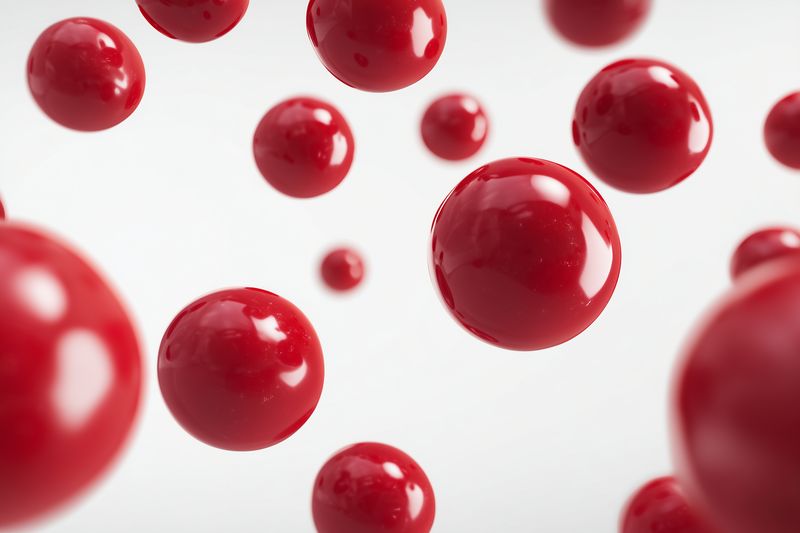 Glossy red spheres floating against a soft white background, creating a minimalist abstract composition with depth, reflections, and a sense of lightness and motion.