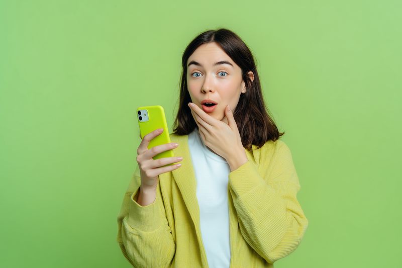 Young woman in a yellow sweater looks surprised while holding a smartphone, reacting to a message or unexpected news with wide eyes and open mouth, expressive portrait on bright green background.