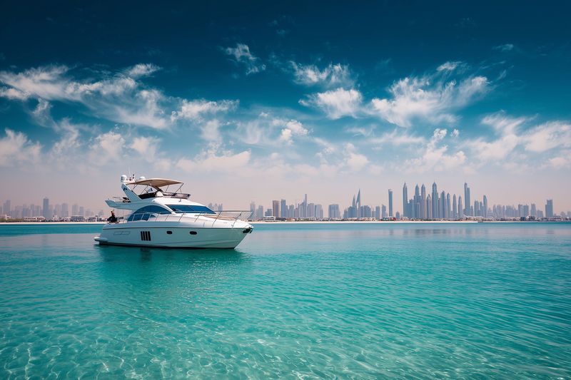 Luxury white yacht cruising on turquoise shallow sea under a bright blue sky with scattered clouds, calm water reflecting sunlight and a distant modern city skyline on the horizon.