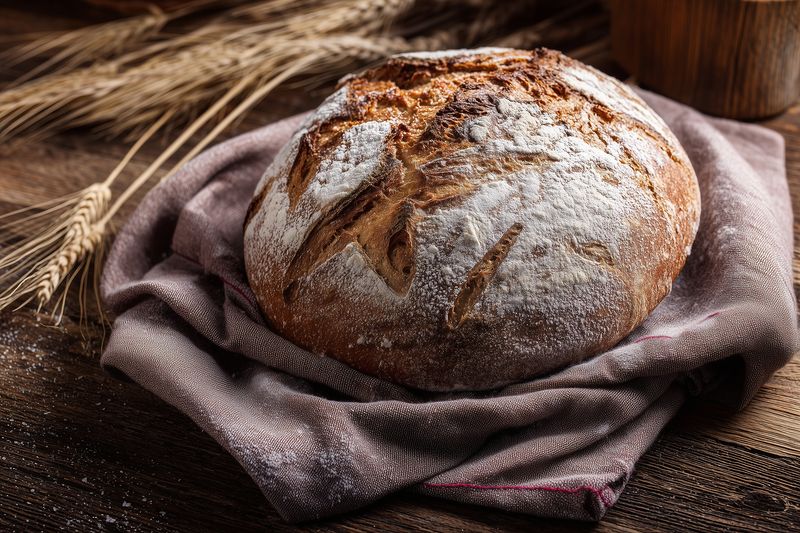 Rustic round sourdough loaf dusted with flour resting on a linen cloth on a wooden table, with wheat stalks in the background evoking artisanal baking and warm homemade bread.