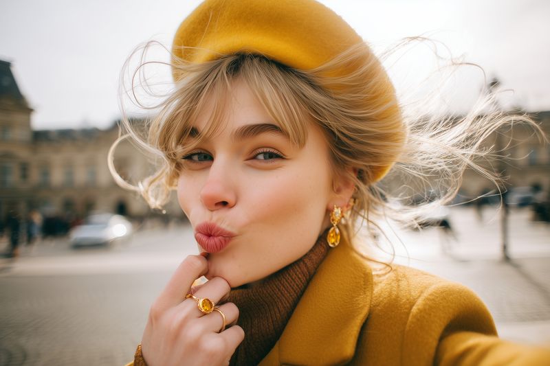 Close-up portrait of a young woman in a mustard beret and matching coat, blowing a playful kiss toward the camera with tousled hair, golden jewelry, soft natural light, autumn mood.