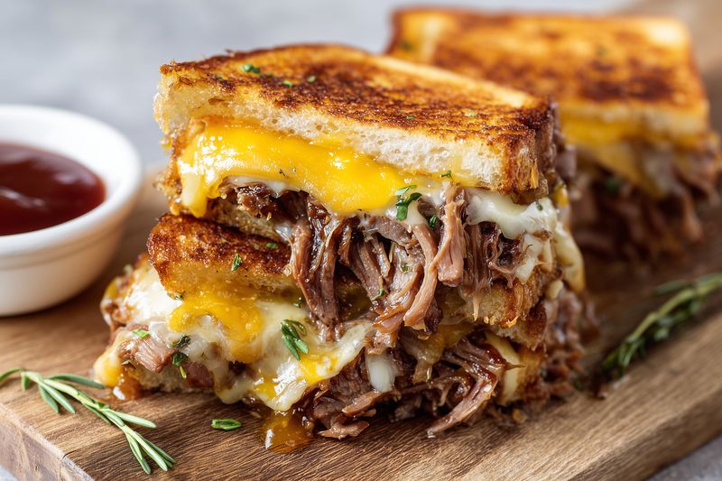 Close-up of a melted cheese and shredded beef grilled sandwich on golden toasted bread with fresh herbs and a side dipping sauce, artfully styled on a wooden board for a hearty meal.