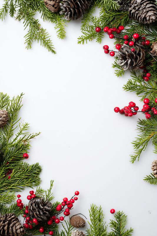 Holiday evergreen border with pine cones and red berries arranged on a white background, creating a festive natural frame perfect for seasonal greetings, invitations, and winter-themed designs.