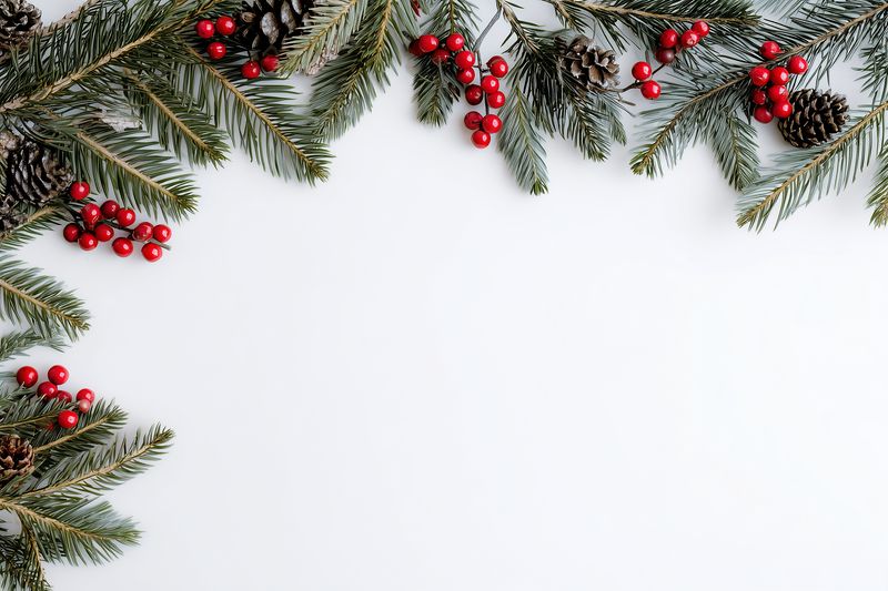 Frosted fir branches, red berries and pine cones decorate the top border on a white background, creating a festive winter frame with generous space for seasonal text.