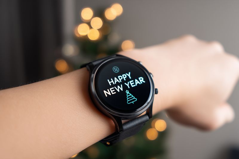 Smartwatch displaying 'Happy New Year' on a wrist with leather strap, festive bokeh lights and blurred holiday tree in background, celebratory digital greeting on wearable device.