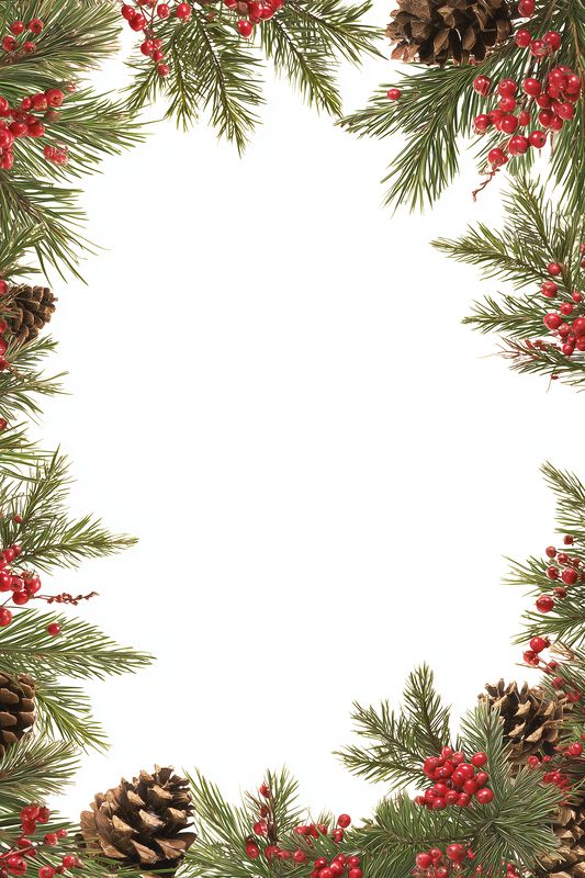 Festive Christmas border with evergreen pine branches, natural cones and bright red berries framing a clean white center, ideal for holiday cards, invitations and seasonal backgrounds.