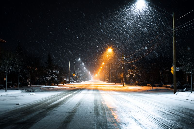 Snow-covered empty street at night illuminated by warm and cool streetlights, wet asphalt reflecting falling snowflakes. Quiet residential scene with moody atmospheric glow and icy textures.