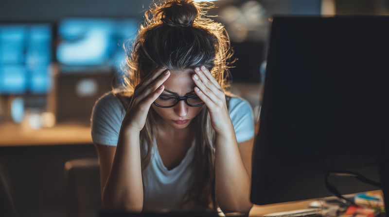Exhausted young woman wearing glasses sits at a computer late at night, holding her head in her hands, conveying stress and fatigue while working in a dim office environment.