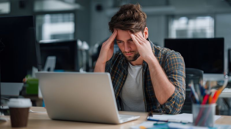 Young man sitting at a desk in a modern office, holding his temples and looking stressed while working on a laptop, surrounded by papers, coffee and office supplies.