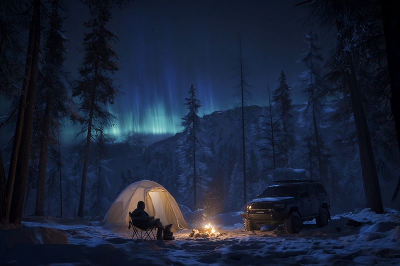 A solitary camper sits by a warm campfire beside a glowing tent and snow-covered vehicle in a dark pine forest under a vivid aurora sky, creating a serene winter night scene.