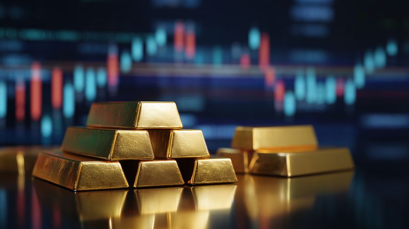 Stack of gold bars displayed on reflective surface with blurred financial chart in background, symbolizing wealth, investment, commodity trading and market value in modern finance.