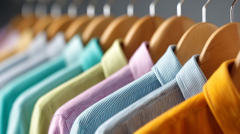 Row of colorful shirts on wooden hangers in a retail clothing rack, neatly arranged by color and pattern offering a vibrant display of casual and smart wardrobe options.