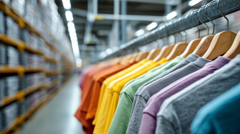 Bright cotton t-shirts neatly hung on wooden hangers along a long warehouse aisle, showcasing organized retail inventory, fabric texture, and vibrant seasonal apparel ready for shipment.