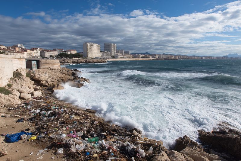 Urban rocky coastline with waves crashing against a littered shore, plastic debris scattered among seaweed and stones, dramatic clouds overhead and distant city buildings on the horizon.