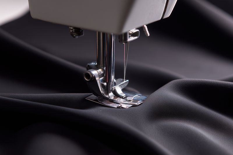 Close-up of a sewing machine needle and presser foot stitching smooth black fabric, capturing detailed texture, metallic parts and precise motion for garment making and tailoring.