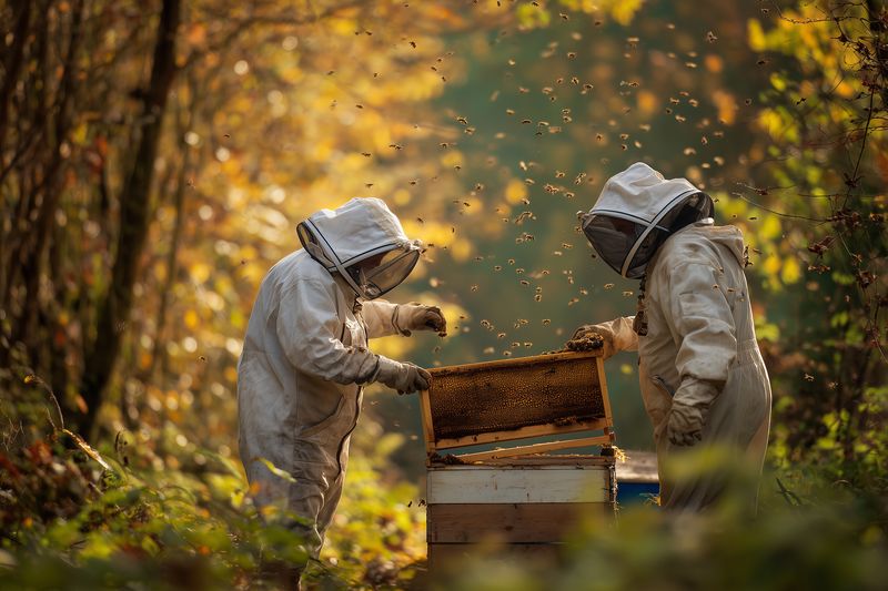 Two beekeepers in protective suits inspect a hive in golden autumn woodland light, watching bees swarm as they lift frames and tend to the honeycomb, managing an outdoor apiary with careful hands.
