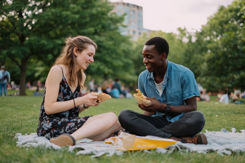Young diverse couple sitting on a picnic blanket in a city park, sharing pizza and smiling, enjoying a relaxed outdoor meal amid green trees and warm summer atmosphere.
