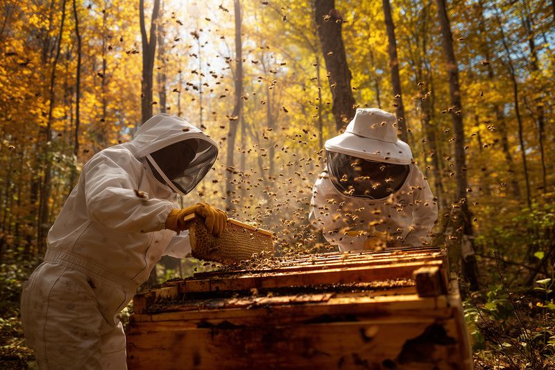 Two beekeepers in protective suits inspect a wooden beehive in an autumn forest while sunlight filters through golden leaves and bees swarm around open honeycomb frames during maintenance.